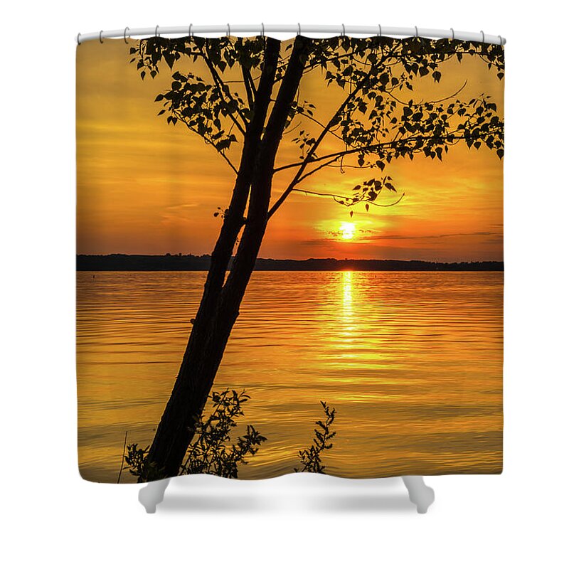 Traverse Bay Sunset Shower Curtain featuring the photograph Traverse Bay Sunset by Dan Sproul