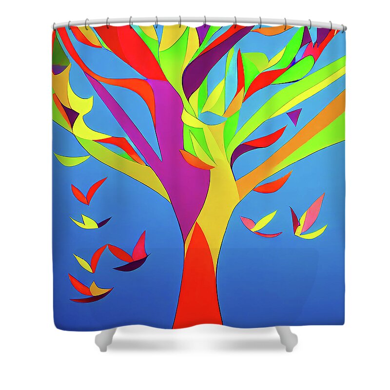 Tree Shower Curtain featuring the digital art Tree and Birds Colorful Abstract 01 by Matthias Hauser