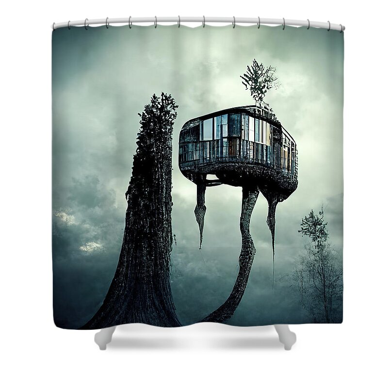 Tree House Shower Curtain featuring the digital art Tree House 02 Dark Mood by Matthias Hauser