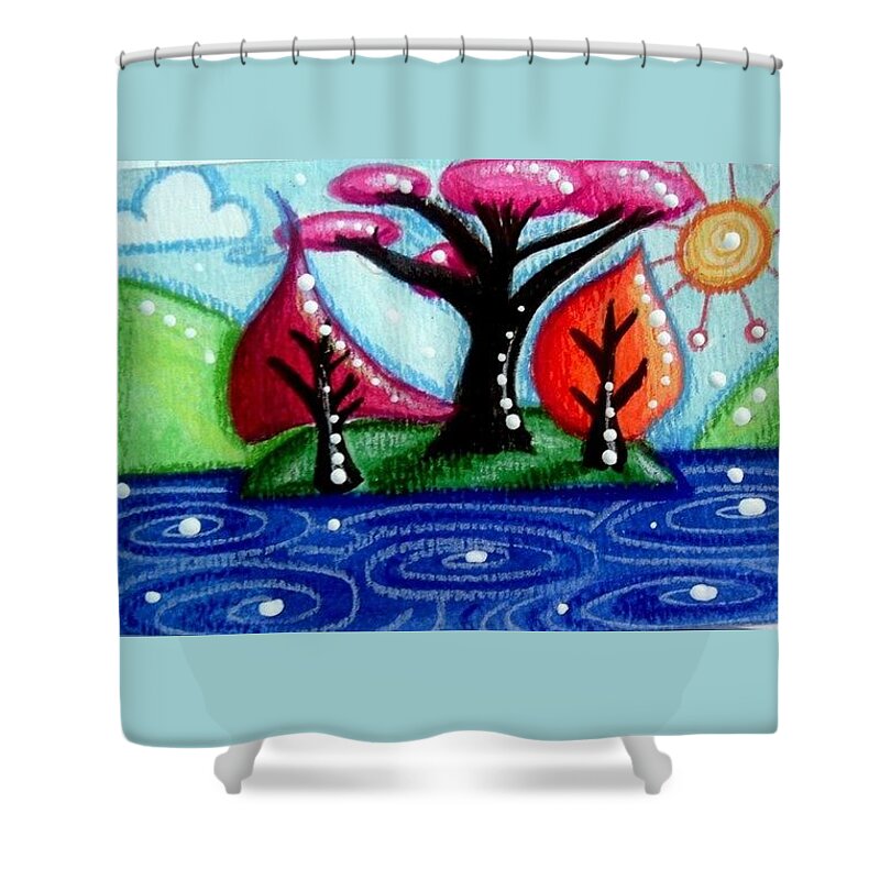 Whimsical Island Painting Shower Curtain featuring the painting Tree Island by Monica Resinger