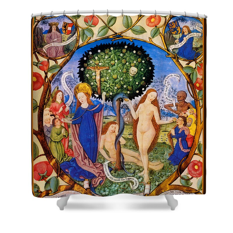 Tree Of Life Shower Curtain featuring the painting Tree of Life and Death Flanked by Eve and Mary-Ecclesia by Unknown