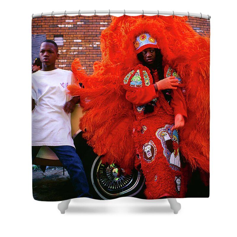 Mardi Gras Shower Curtain featuring the photograph Treme - Mardi Gras Black Indian Parade, New Orleans by Earth And Spirit