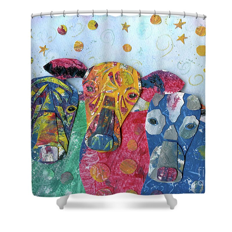 Animal Shower Curtain featuring the mixed media Tres Amigos Vaca by Shirley Robinett