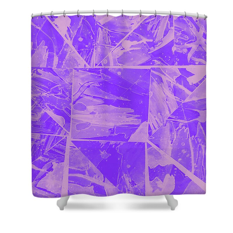 Triangle Shower Curtain featuring the mixed media Triangular Rainbow Abstract Collage Purples Version by Ali Baucom