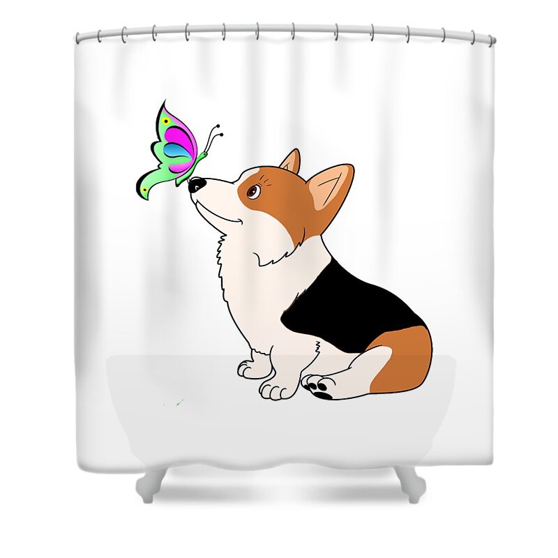 Welsh Corgi Shower Curtain featuring the digital art Tricolor Corgi with Butterfly by Kathy Kelly