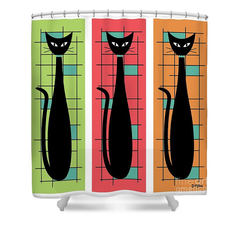 Mid Century Modern Shower Curtain featuring the digital art Trio of Cats Green, Salmon and Orange on White by Donna Mibus
