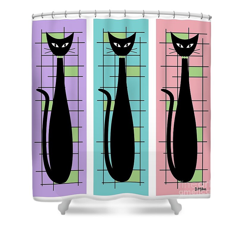 Mid Century Modern Shower Curtain featuring the digital art Trio of Cats Purple, Blue and Pink on White by Donna Mibus