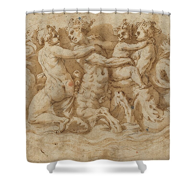 Attributed To Pellegrino Tibaldi Shower Curtain featuring the drawing Tritons and Nymphs by Attributed to Pellegrino Tibaldi