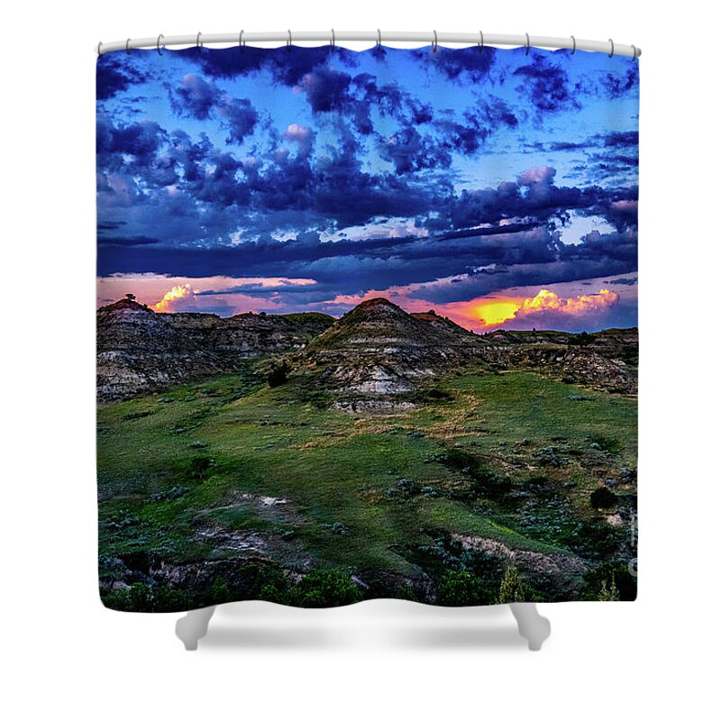 Theodore Shower Curtain featuring the photograph TRNP Back Country Setting Sun by Nathan Wasylewski