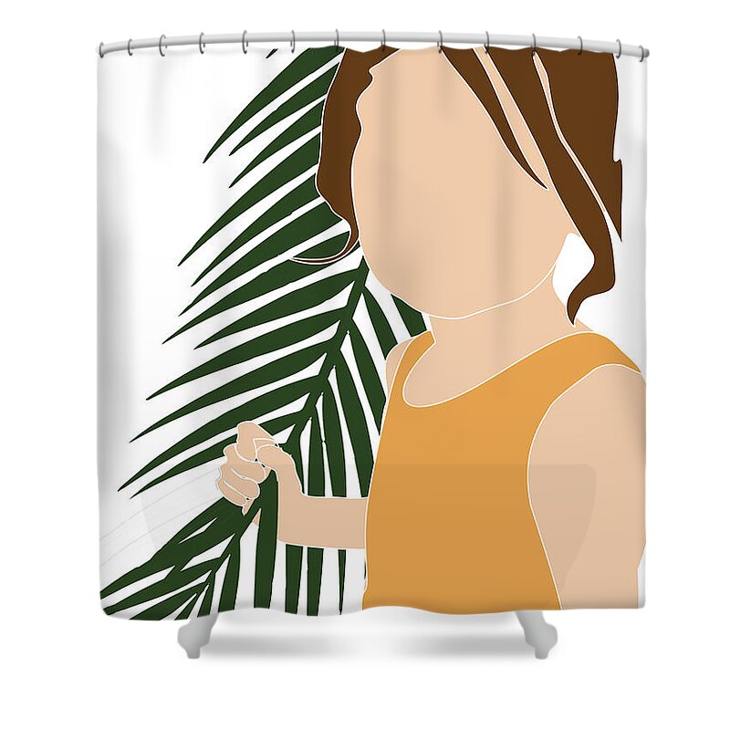 Tropical Shower Curtain featuring the mixed media Tropical Reverie 15 - Modern, Minimal Illustration - Girl and Palm Leaves - Aesthetic Tropical Vibes by Studio Grafiikka