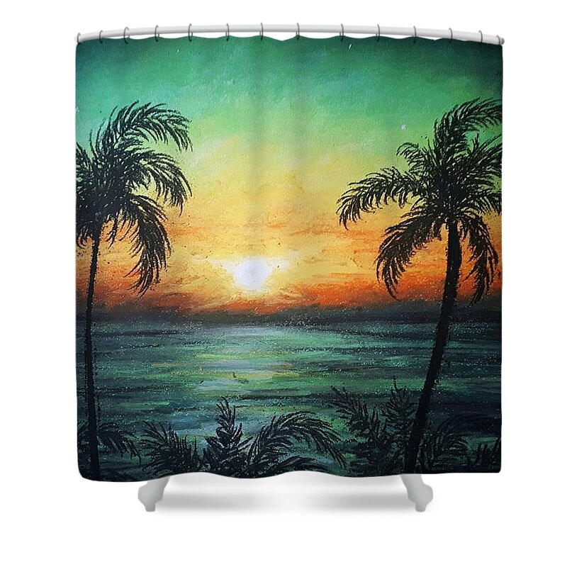 Aqua Sunset Shower Curtain featuring the painting Tropicana Banana by Jen Shearer