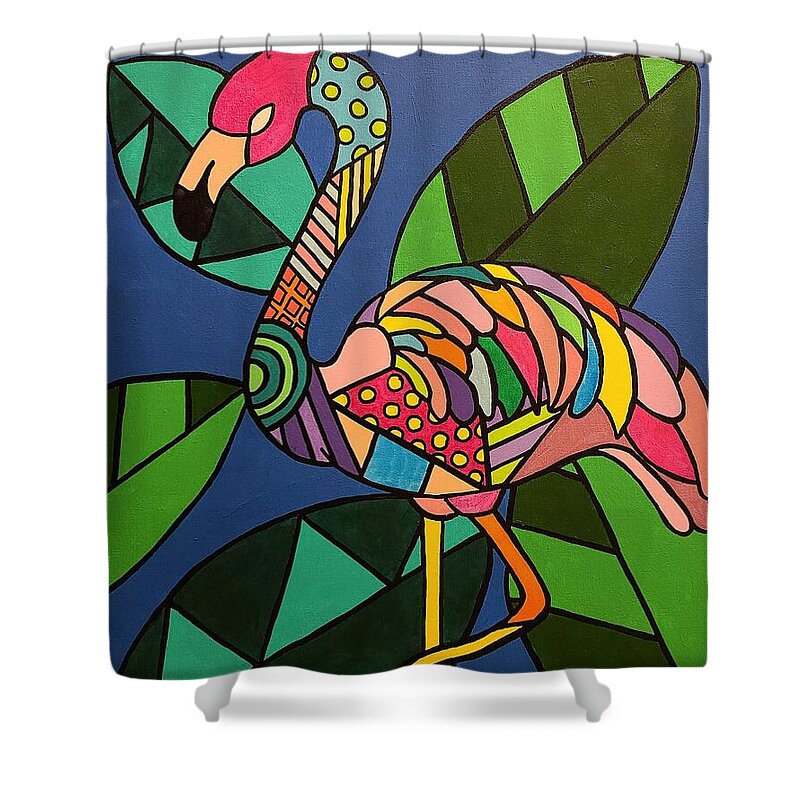 Pop Art Shower Curtain featuring the painting Tropicana Flamingo by Elena Pratt