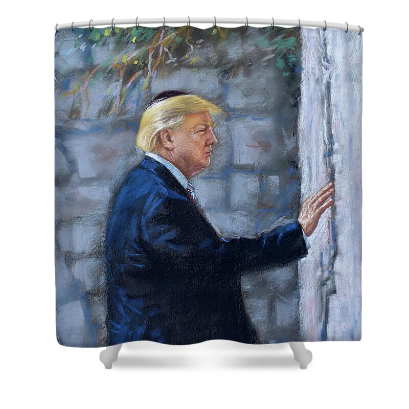 Trump Shower Curtain featuring the drawing Trump at Western Wall Israel by Viola El