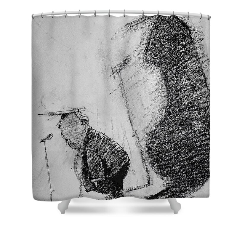 Donald Shower Curtain featuring the painting Trump by Ylli Haruni