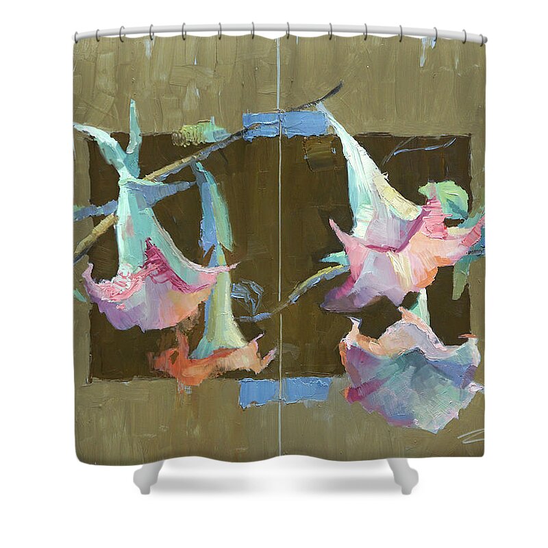 Trumpet Flower Shower Curtain featuring the painting Trumpet Duos by Cathy Locke