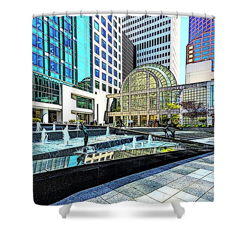 Architectural-photographer-charlotte Shower Curtain featuring the digital art Tryon Street - Uptown Charlotte by SnapHappy Photos