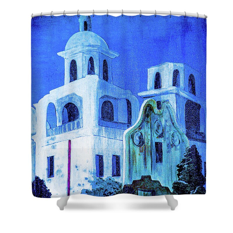 Church Shower Curtain featuring the painting Tucson Church at Night by Ted Clifton