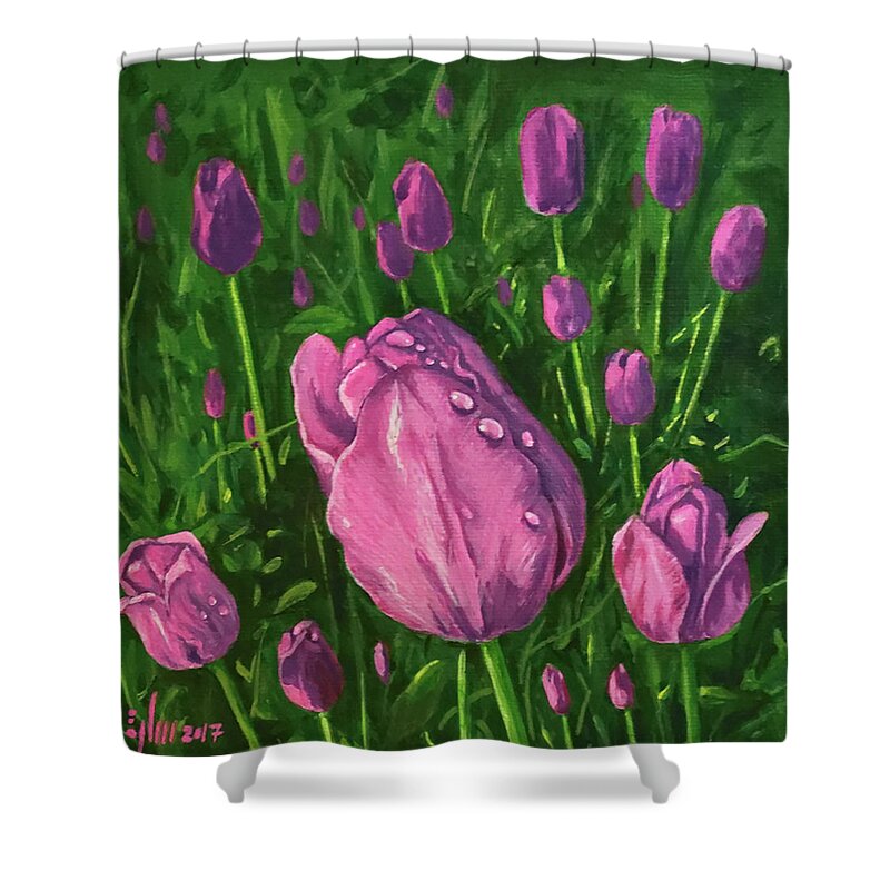  Shower Curtain featuring the painting Tulip Garden by Sarra Elgammal