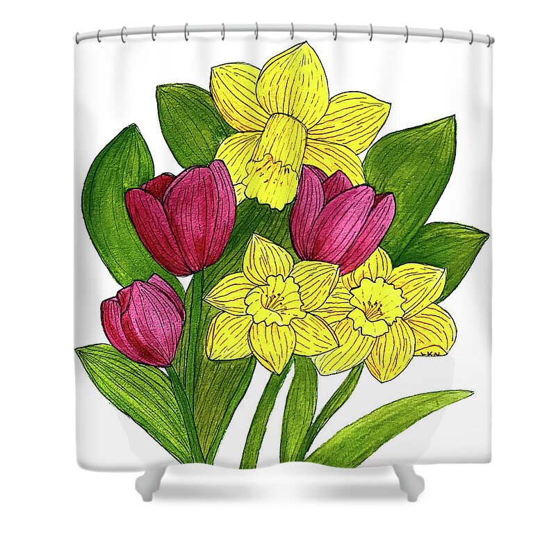 Daffodils Shower Curtain featuring the mixed media Tulips and Daffodils by Lisa Neuman