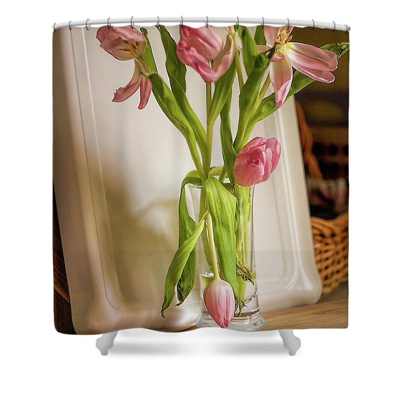 Pink Tulips Shower Curtain featuring the photograph Tulips On A Cutting Board In the Kitchen by Cordia Murphy