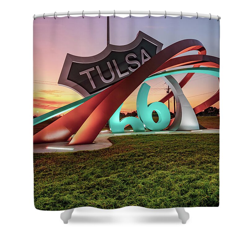 Tulsa Oklahoma Shower Curtain featuring the photograph Tulsa Rt 66 Rising Out of Mingo Rd Circle - Oklahoma Sunrise by Gregory Ballos