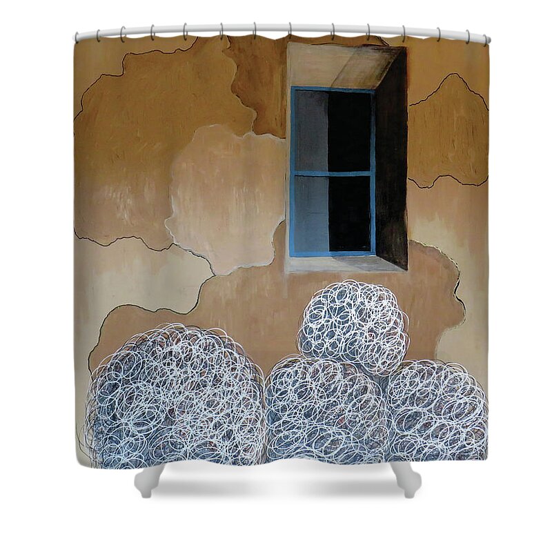 Southwest Shower Curtain featuring the painting Tumbleweeds at window by Ted Clifton