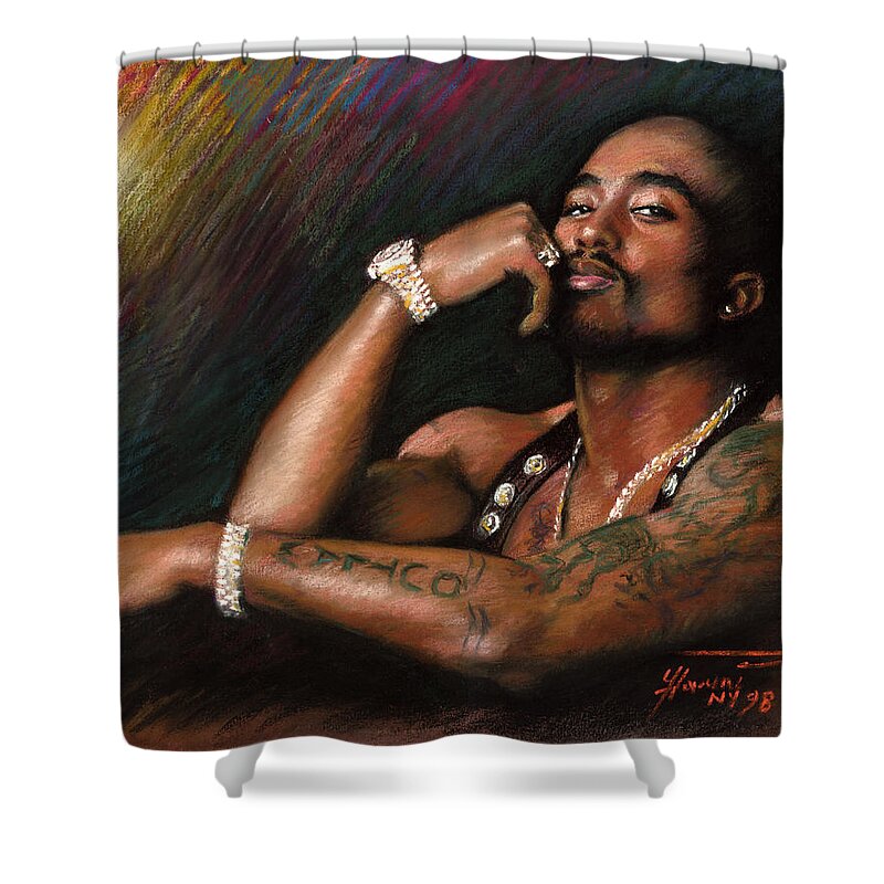Tupac Shower Curtain featuring the drawing Tupac Shakur by Viola El