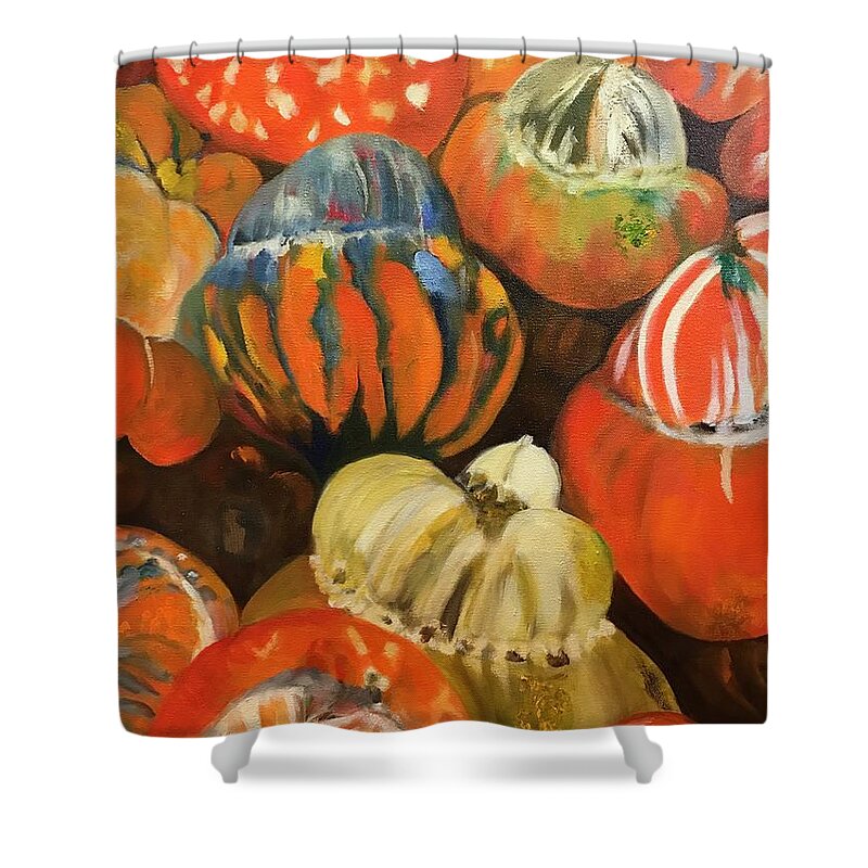 Turban Squash Shower Curtain featuring the painting Turbans From My Fall Garden by Juliette Becker