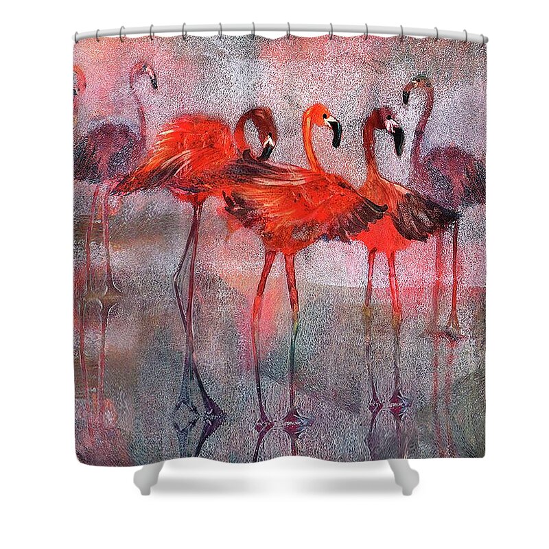 Flamingos Shower Curtain featuring the painting Turner's Flamingos by Lucy Lemay