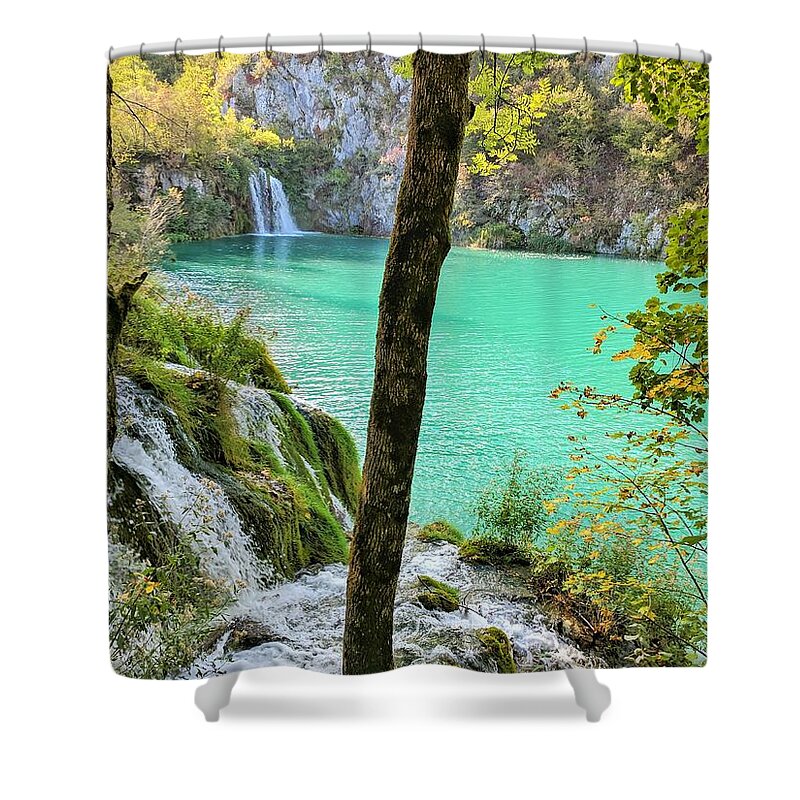 Plitvice Lakes Shower Curtain featuring the photograph Turquoise Beauty In The Woods by Yvonne Jasinski