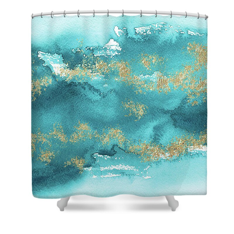 Turquoise Blue Shower Curtain featuring the painting Turquoise Blue, Gold And Aquamarine by Garden Of Delights