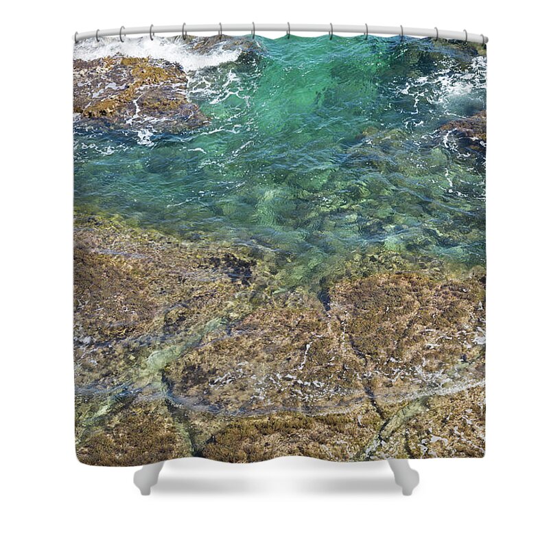Flowing Shower Curtain featuring the photograph Turquoise Blue Water And Rocks On The Coast by Adriana Mueller