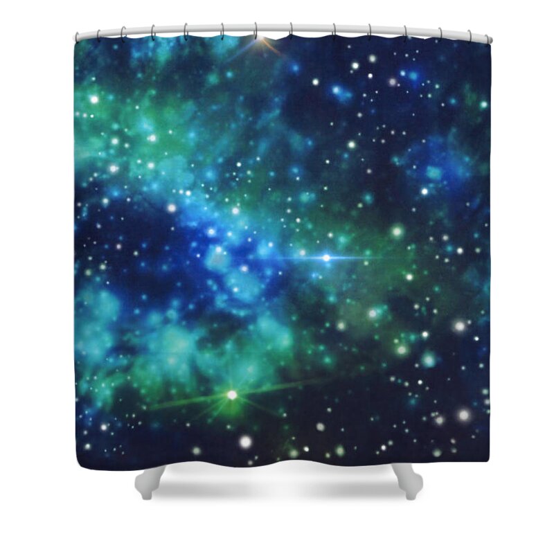 Galaxy Shower Curtain featuring the digital art Turquoise Nebula by Mary J Winters-Meyer