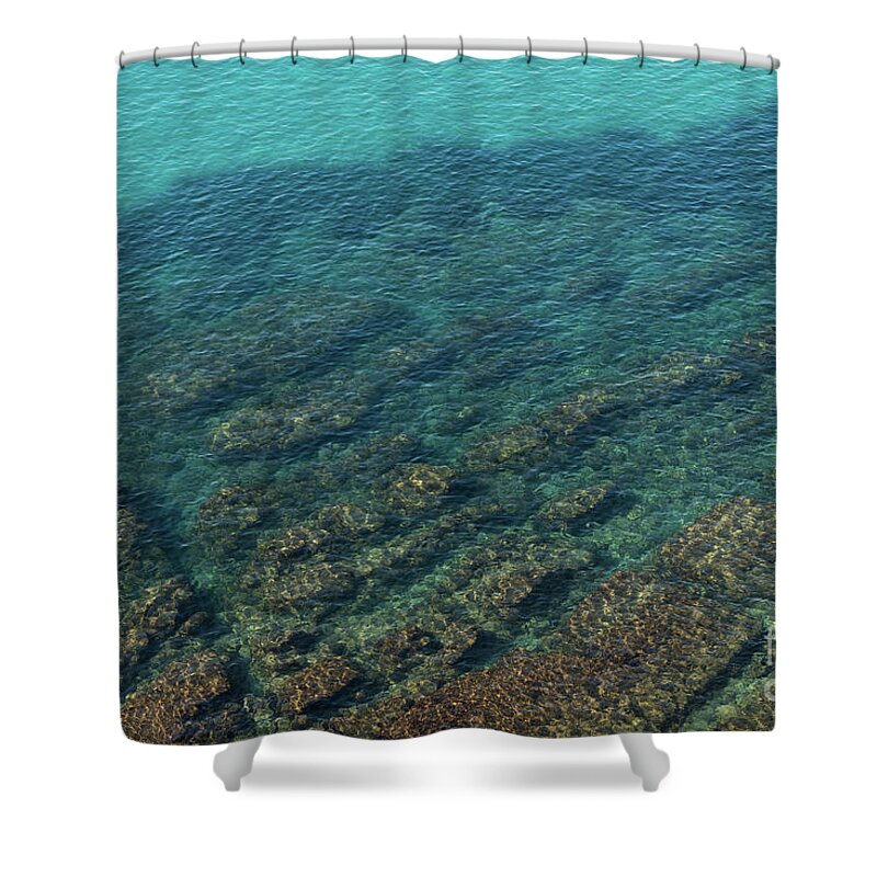 Sea Water Shower Curtain featuring the photograph Turquoise sea water in a rocky cove 2, Mediterranean Sea by Adriana Mueller