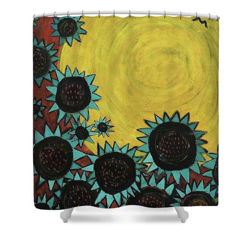 Sun Shower Curtain featuring the painting Turquoise Sunflowers by Cyndie Katz