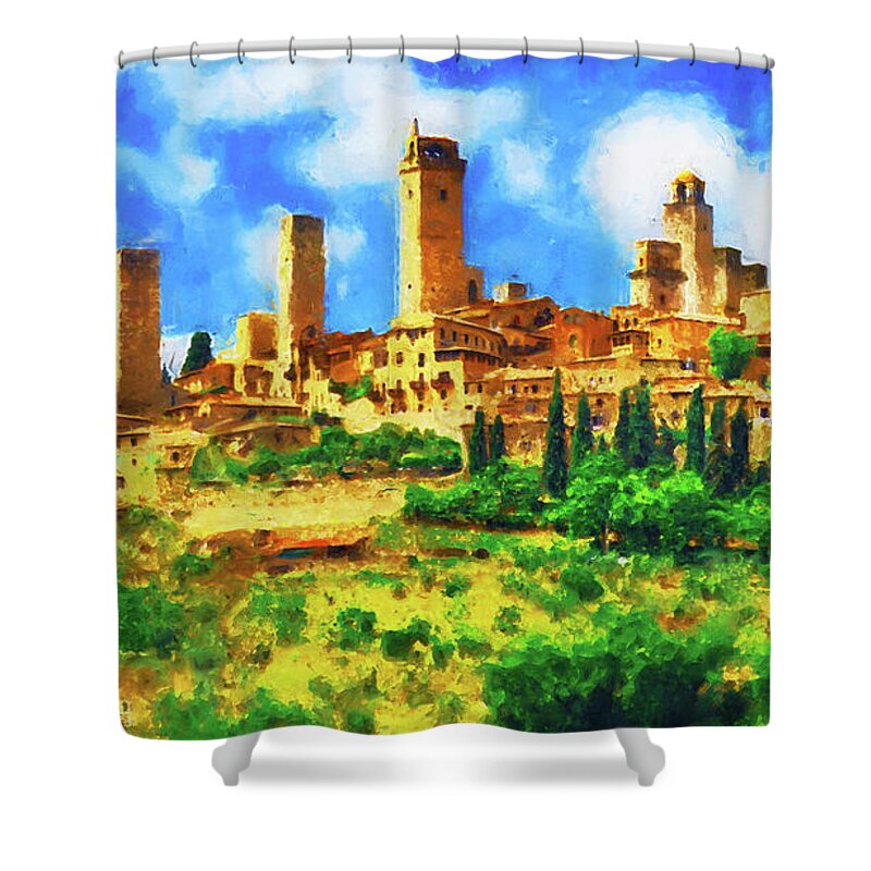 Tuscany Shower Curtain featuring the painting Tuscany, San Gimignano - 02 by AM FineArtPrints