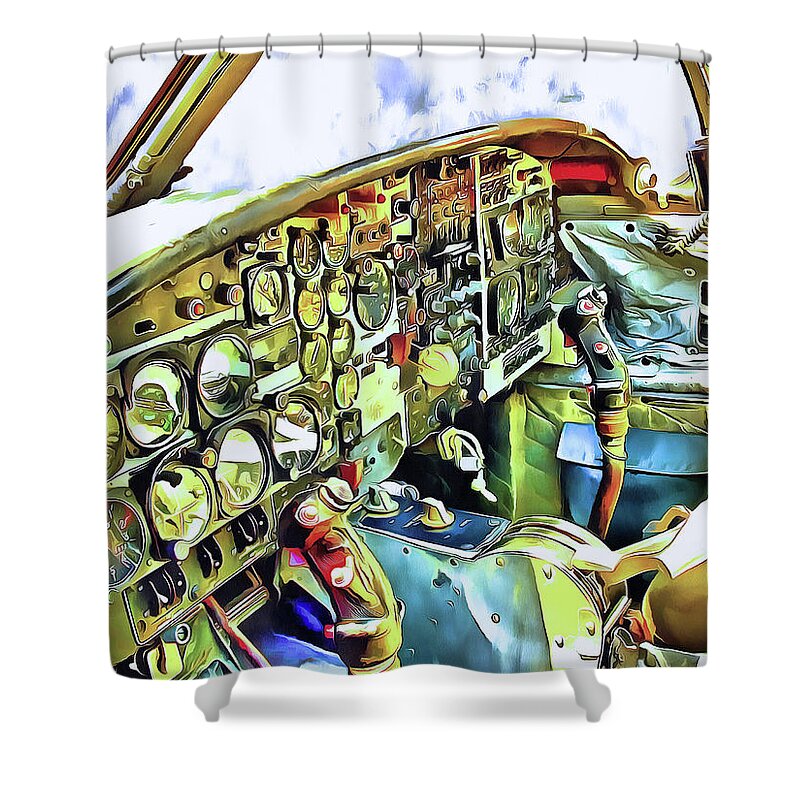 T-37 Shower Curtain featuring the mixed media Tweet Cockpit by Christopher Reed