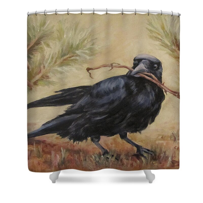 Wildlife Shower Curtain featuring the painting Twig Thief by Cheryl Pass