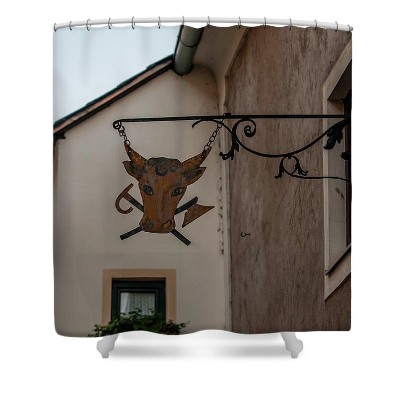  Shower Curtain featuring the photograph Twilight Durnstein. Forged Sign with Cow Head by Jenny Rainbow