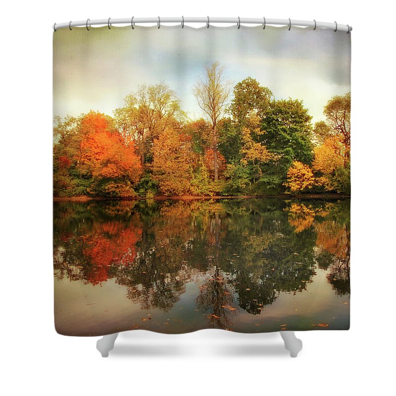 Autumn Shower Curtain featuring the photograph Twin Pond Reflections by Jessica Jenney