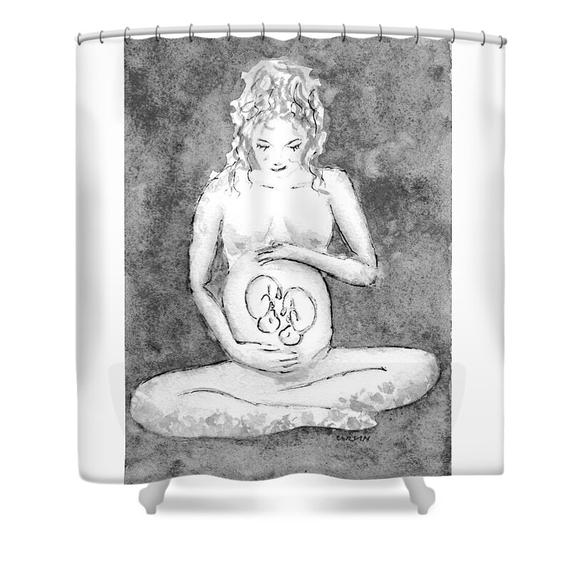 Pregnancy Shower Curtain featuring the painting Twin Pregnancy Black and White by Carlin Blahnik CarlinArtWatercolor