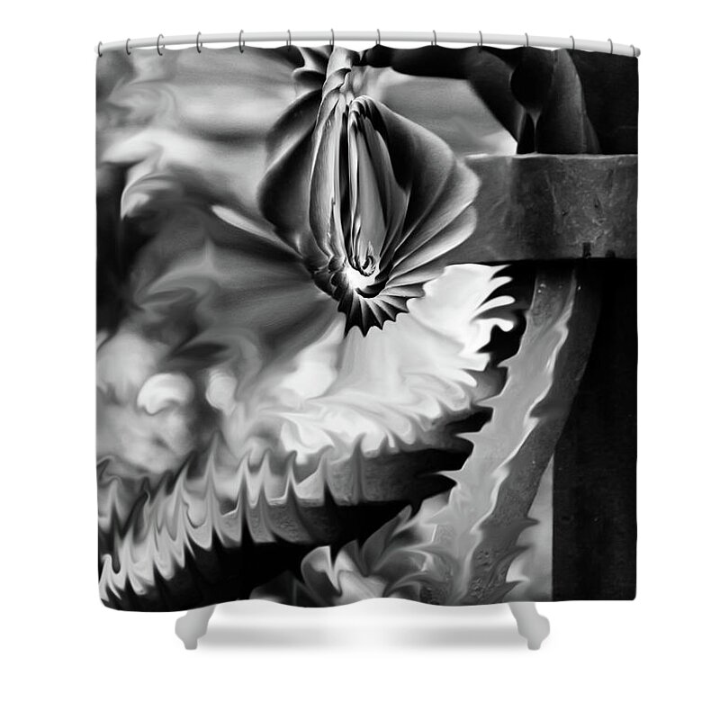 Black And White Shower Curtain featuring the photograph Twisted Metal by Shara Abel