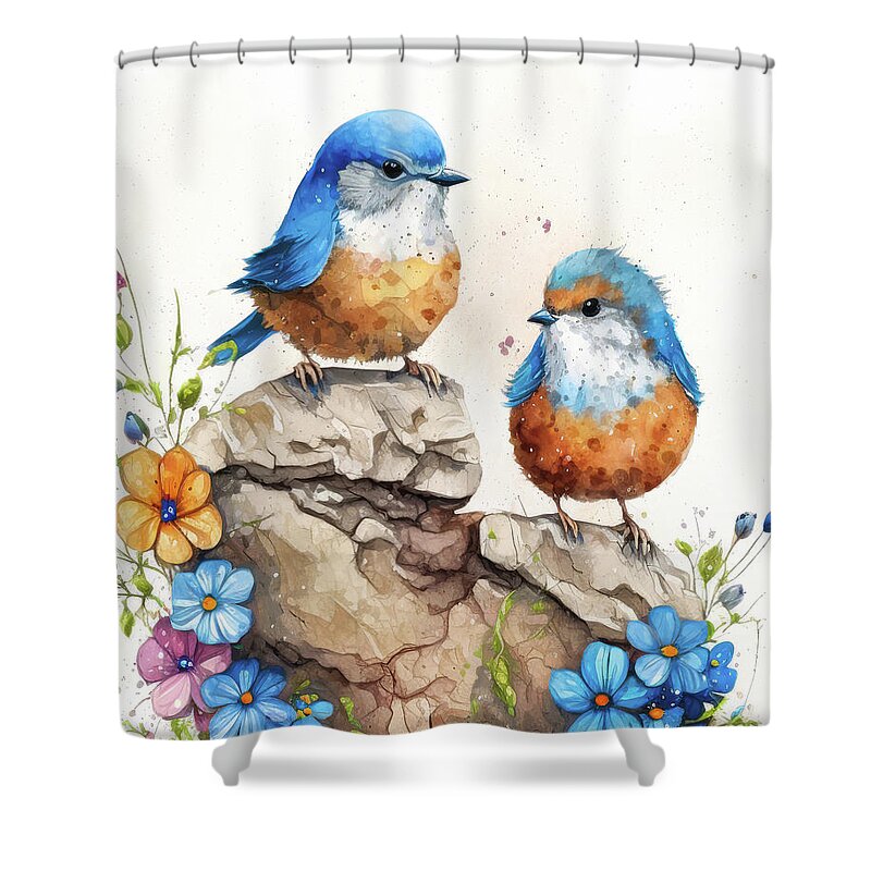 Bluebirds Shower Curtain featuring the painting Two Adorable Bluebirds by Tina LeCour