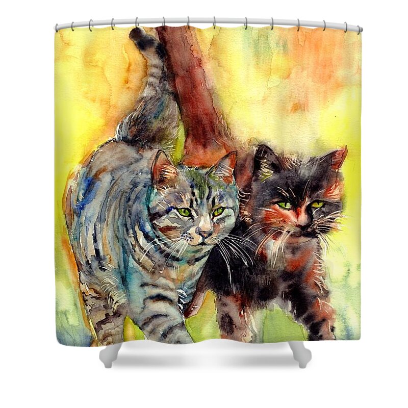 Cats On The Prowl Shower Curtain featuring the painting Two Cats On The Prowl by Suzann Sines