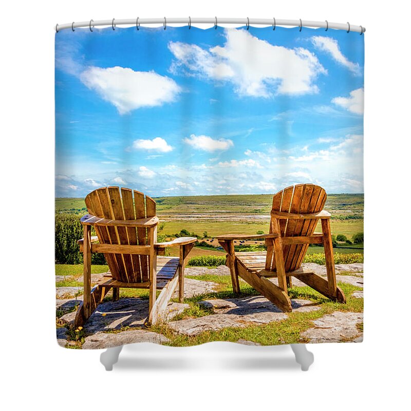 Clouds Shower Curtain featuring the photograph Two Chairs Under a Blue Sky by Debra and Dave Vanderlaan