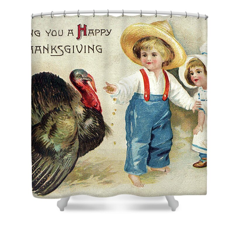 Thanksgiving Shower Curtain featuring the digital art Two children feeding a turkey corn. by Pete Klinger