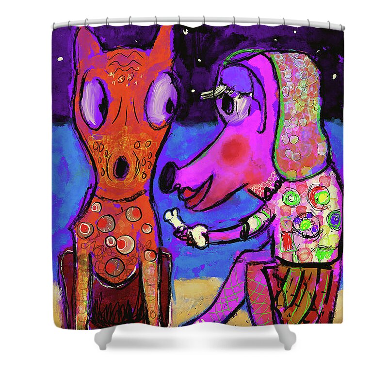 1subject Shower Curtain featuring the digital art Two dogs and a bone at the seaside by Jeremy Holton