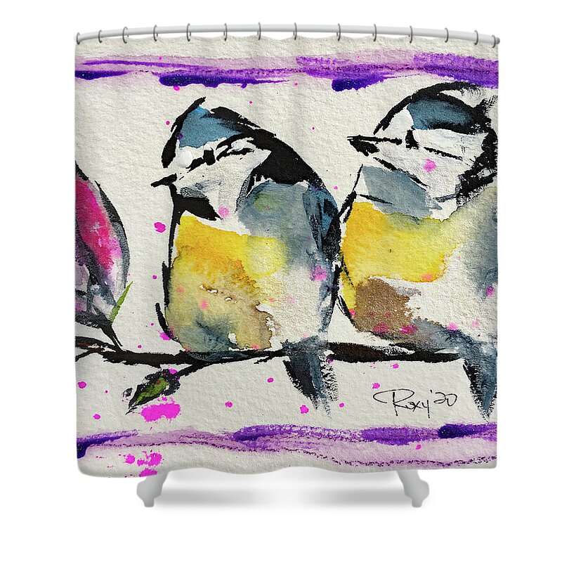 Fat Birds Cute Birds Shower Curtain featuring the painting Two Fat Tits by Roxy Rich