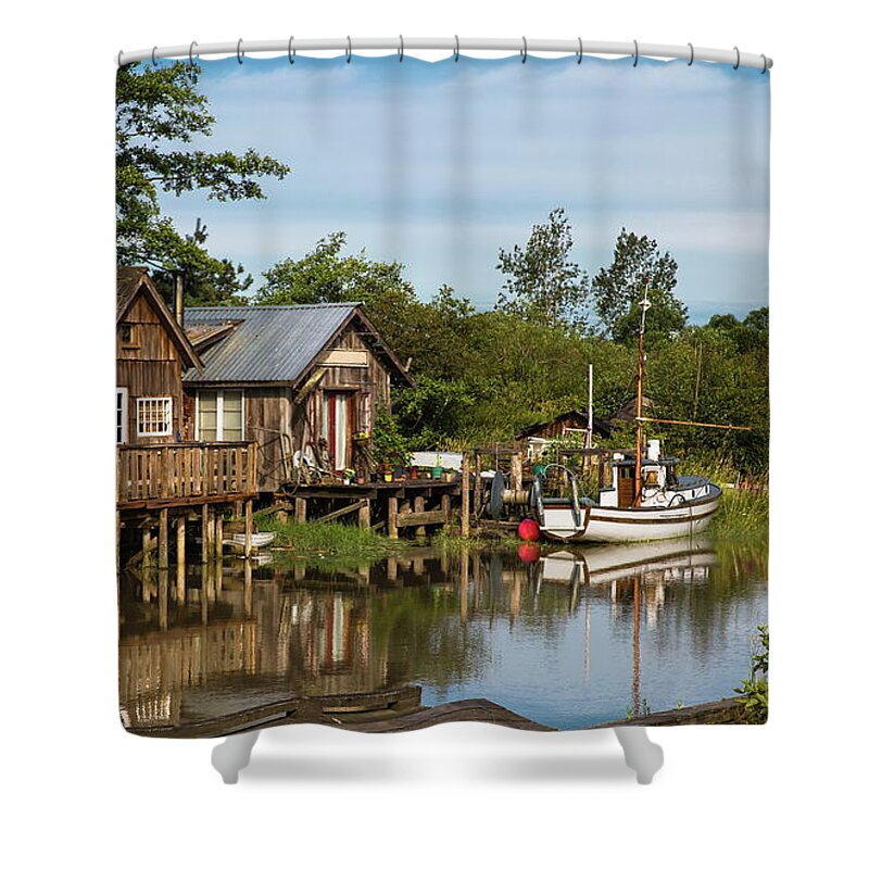Alex Lyubar Shower Curtain featuring the photograph Two Fishermen's Houses in the Slough by Alex Lyubar