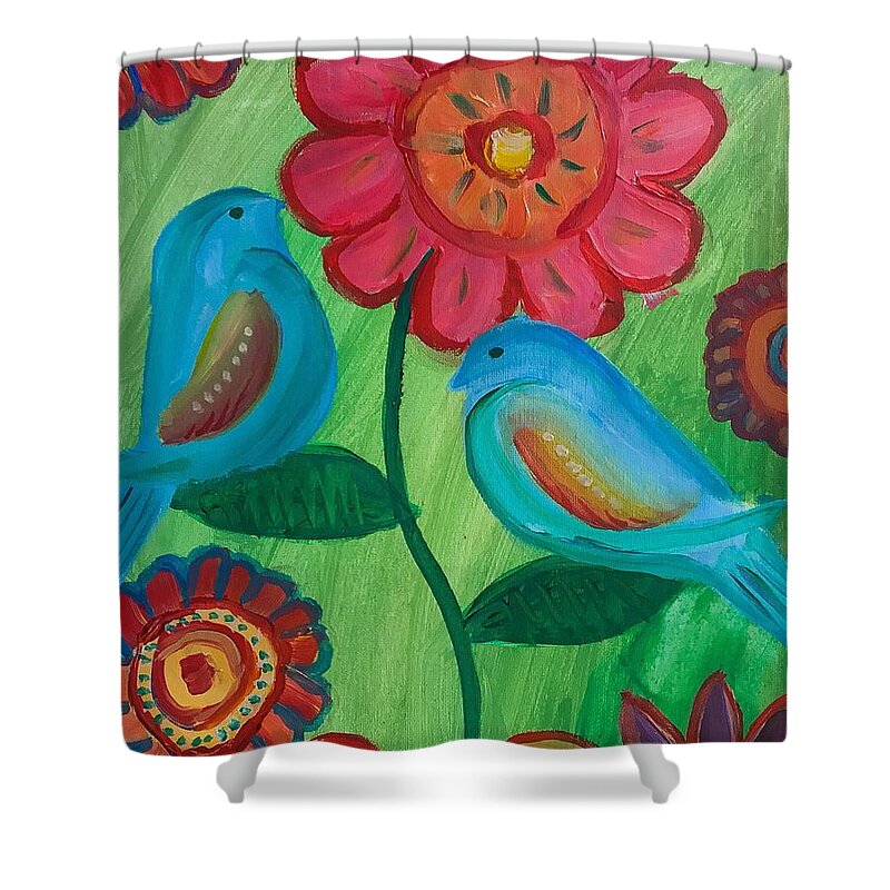 Acrylic Painting Shower Curtain featuring the painting Two little Birds by Karen Buford
